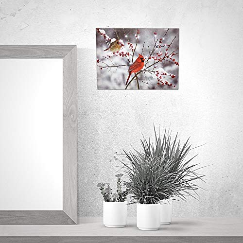 LED Cardinals Canvas Print Lighted Picture with Cardinal Couple and Holiday Berries H521