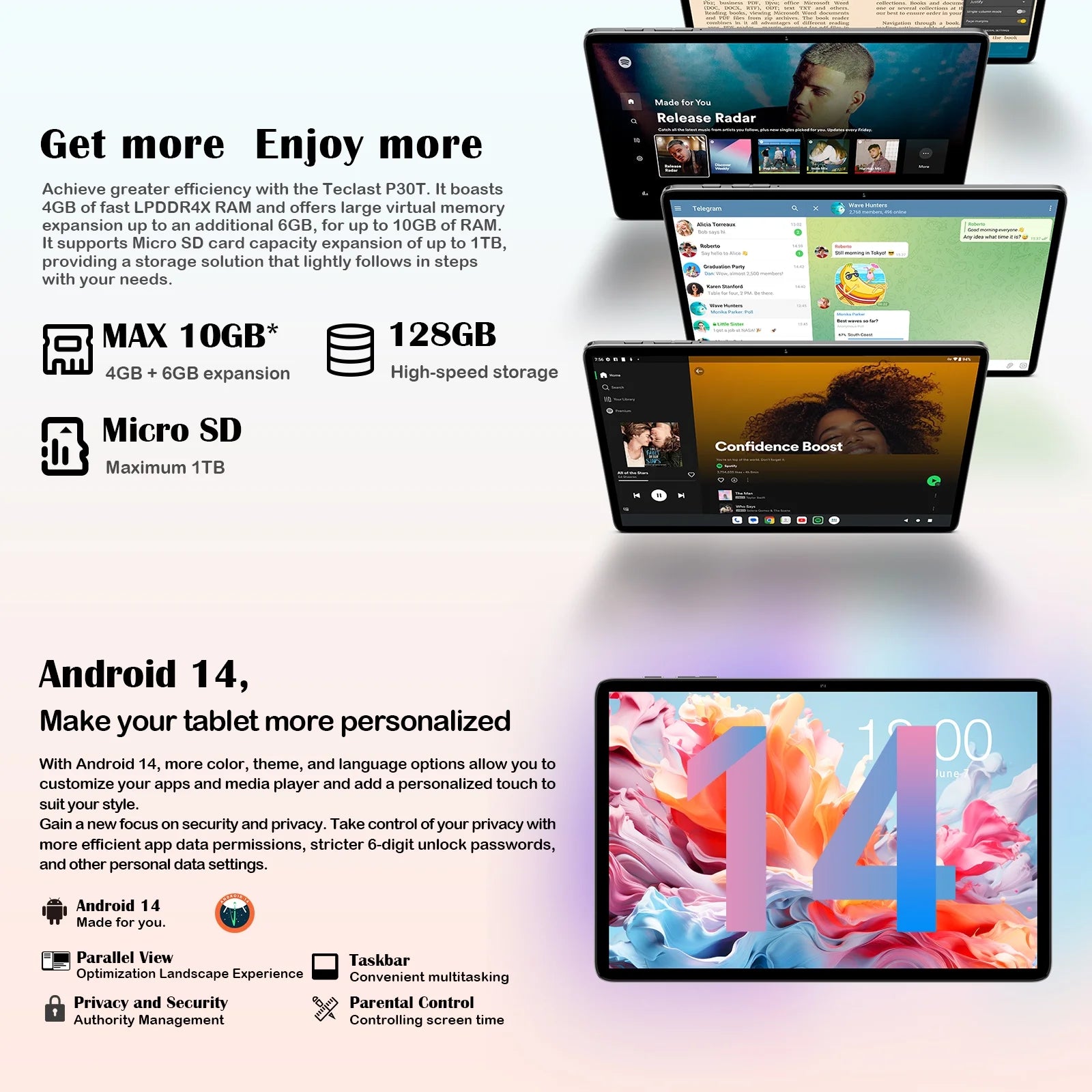 10 inch Android 14 Tablet 10GB RAM 128GB ROM Octa Core HD Bluetooth 5.4 Dual Camera C2680