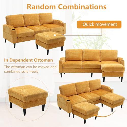 Pink Convertible Sectional Sofa Couch, 3-Seater Modular Sofas with Storage Ottoman, Chenille Fabric L Shaped Sectional Couches C8351
