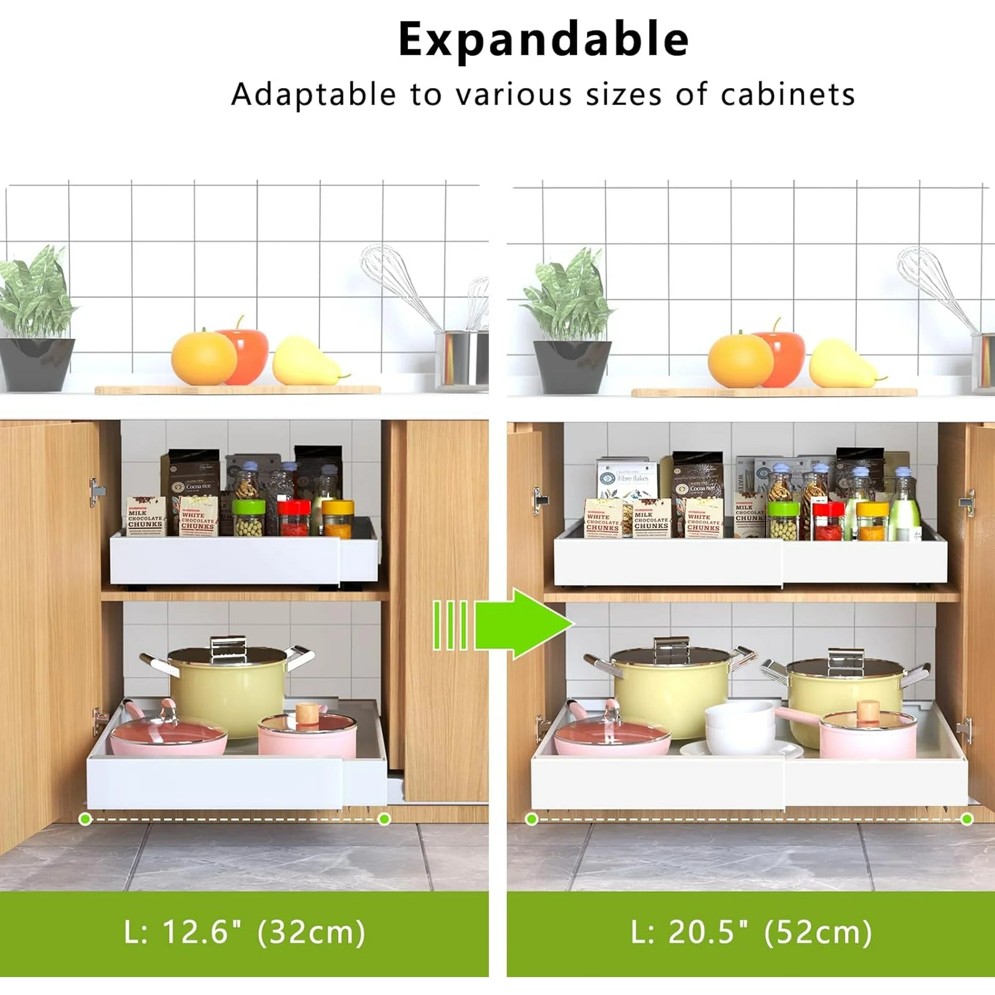4 Pack Pull Out Cabinet Organizer, 21Deep Slide Out Drawer Organizers, White C4284