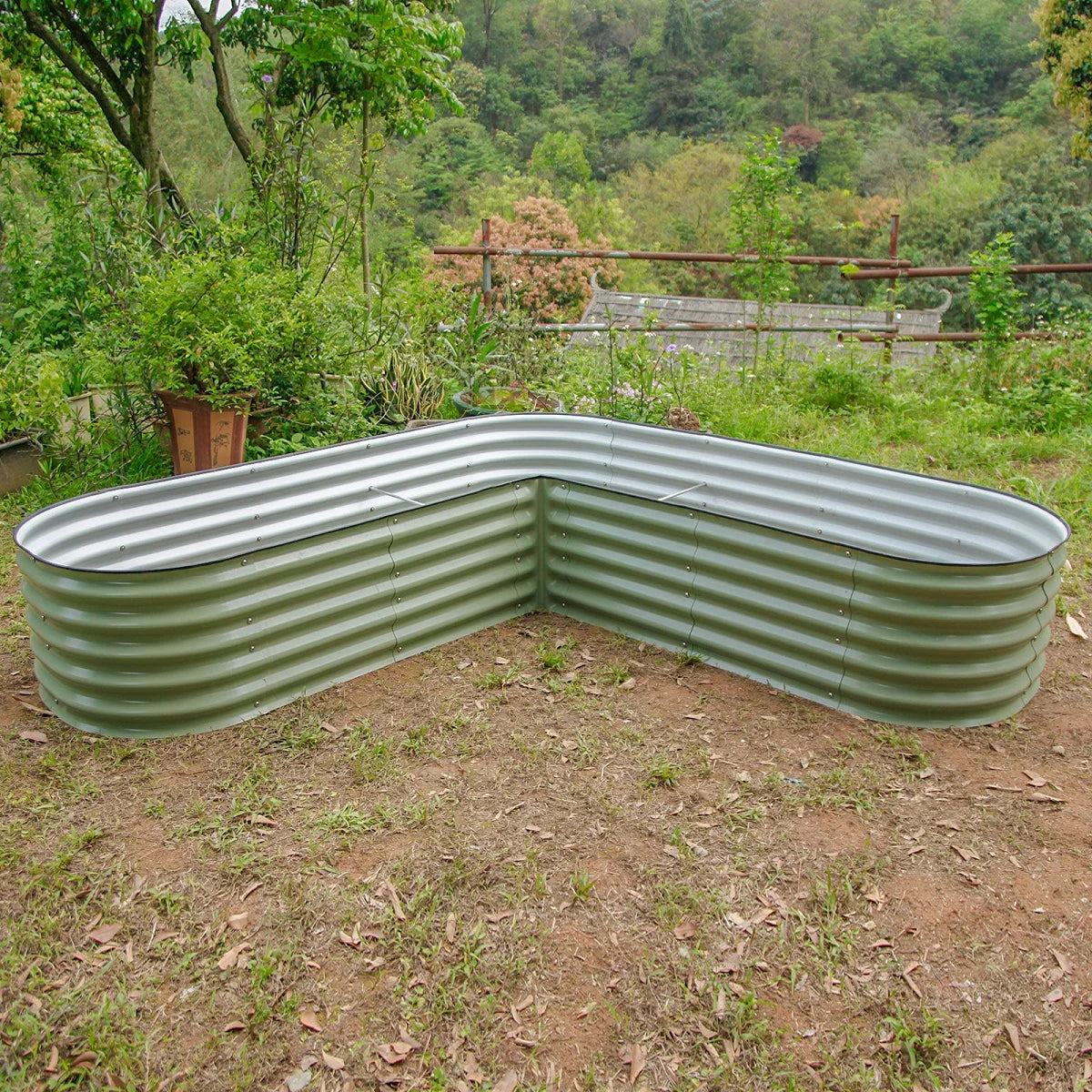 17" Tall L-Shaped Modular Corrugated Metal Raised Garden Beds Green Y791