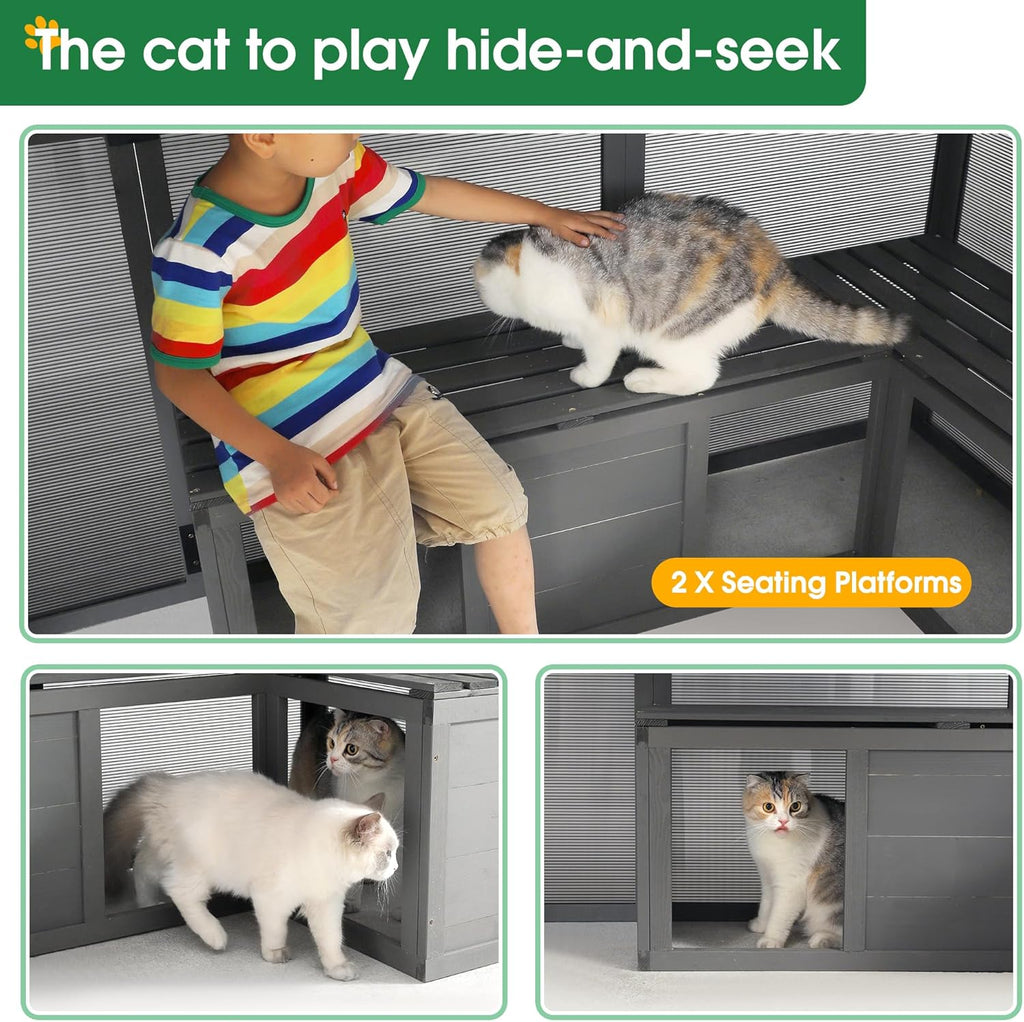 Large Cat Cage Outdoor Wooden Catio Enclosure Patio Cat Run House with Weatherproof Roof M79044