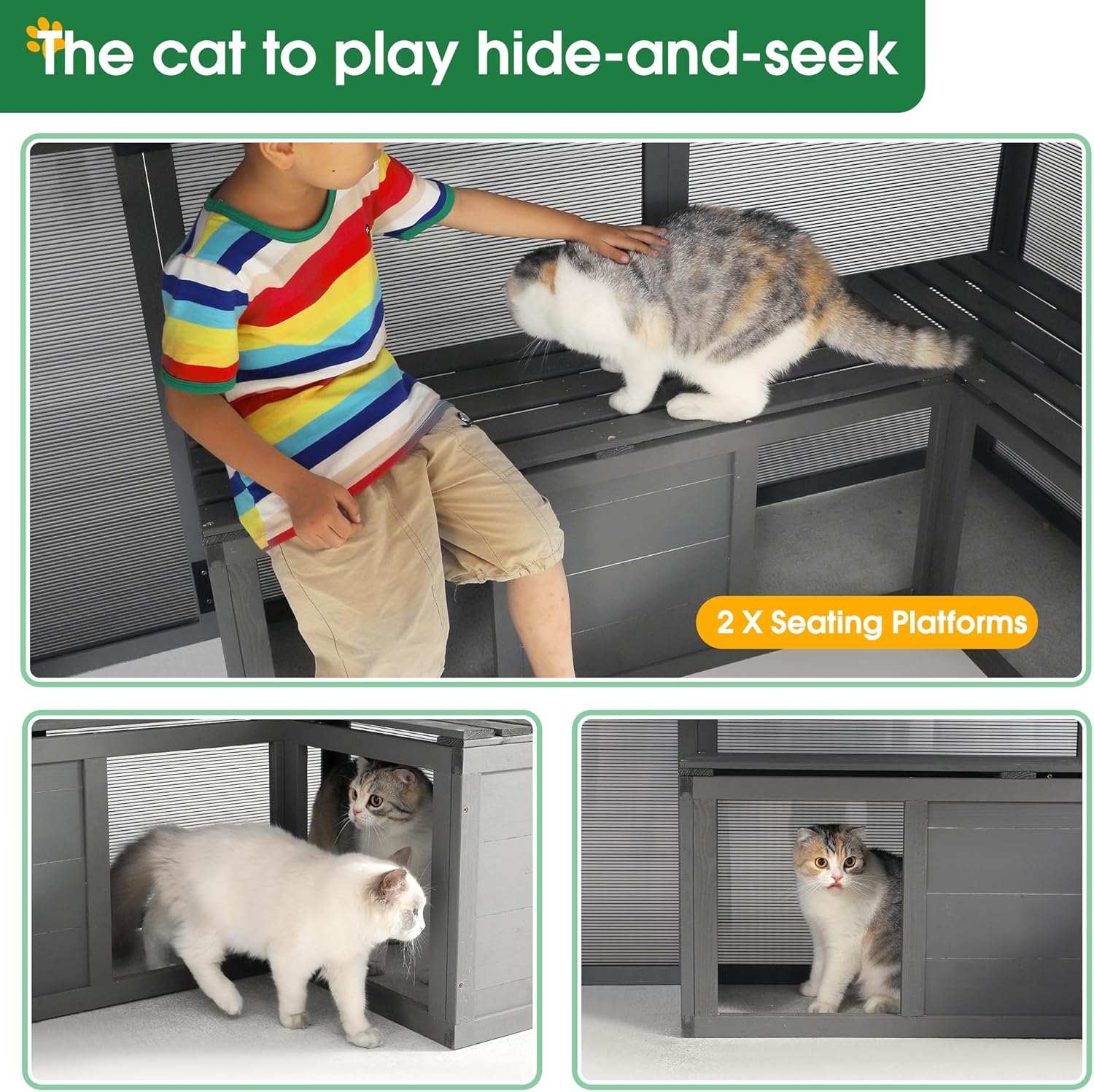 Large Cat Cage Outdoor Wooden Catio Enclosure Patio Cat Run House with Weatherproof Roof M79044