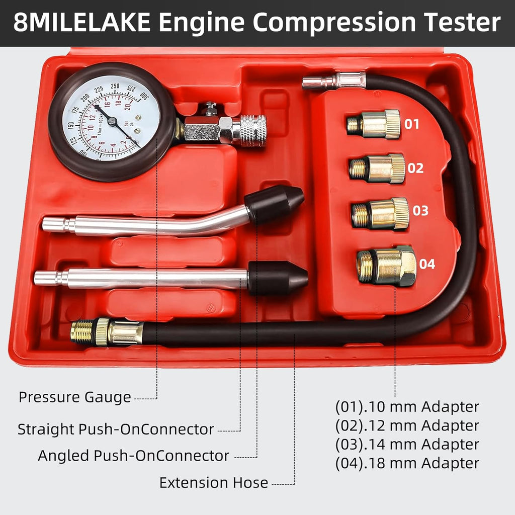Engine Compression Tester, 0-300 PSI, 8pcs Compression Tester with Adapters A664