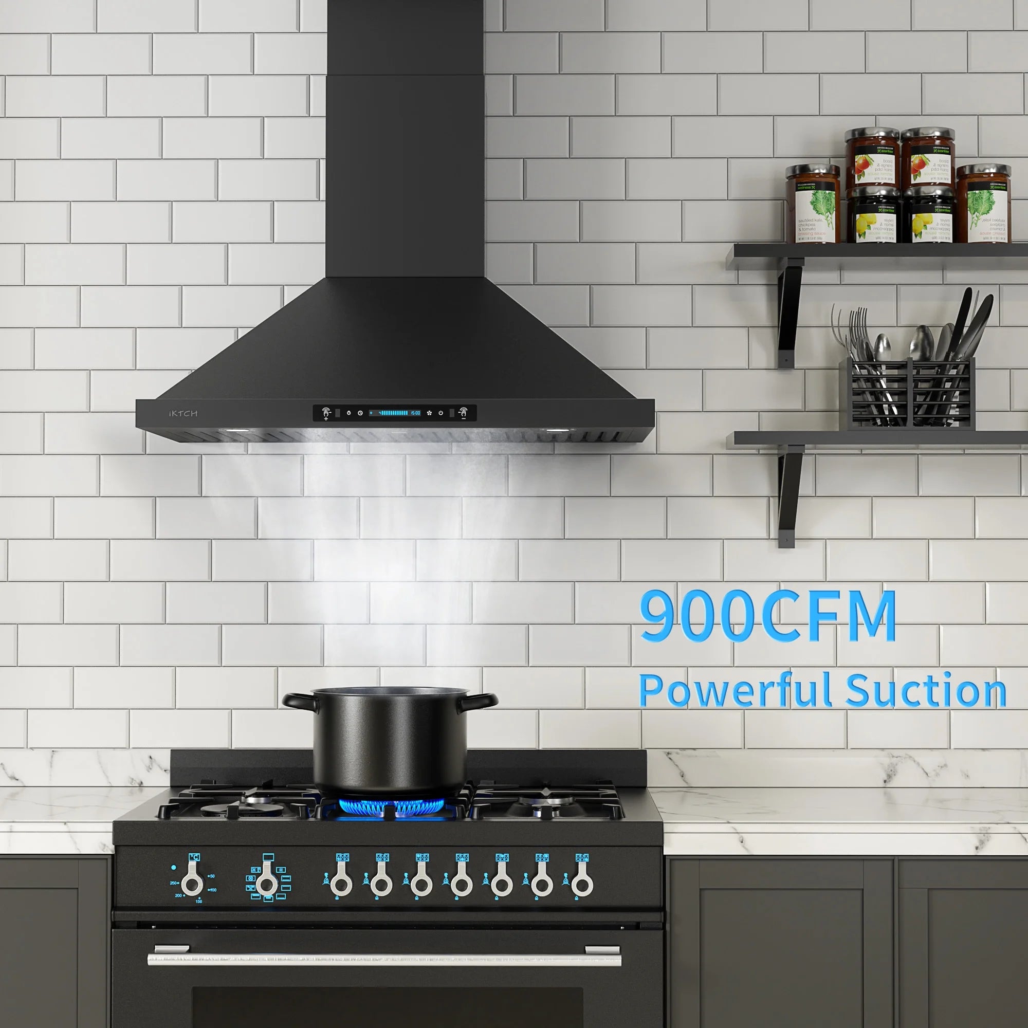 30 inch Black Wall Mount Range Hood with Stainless Steel Vent Hood T285