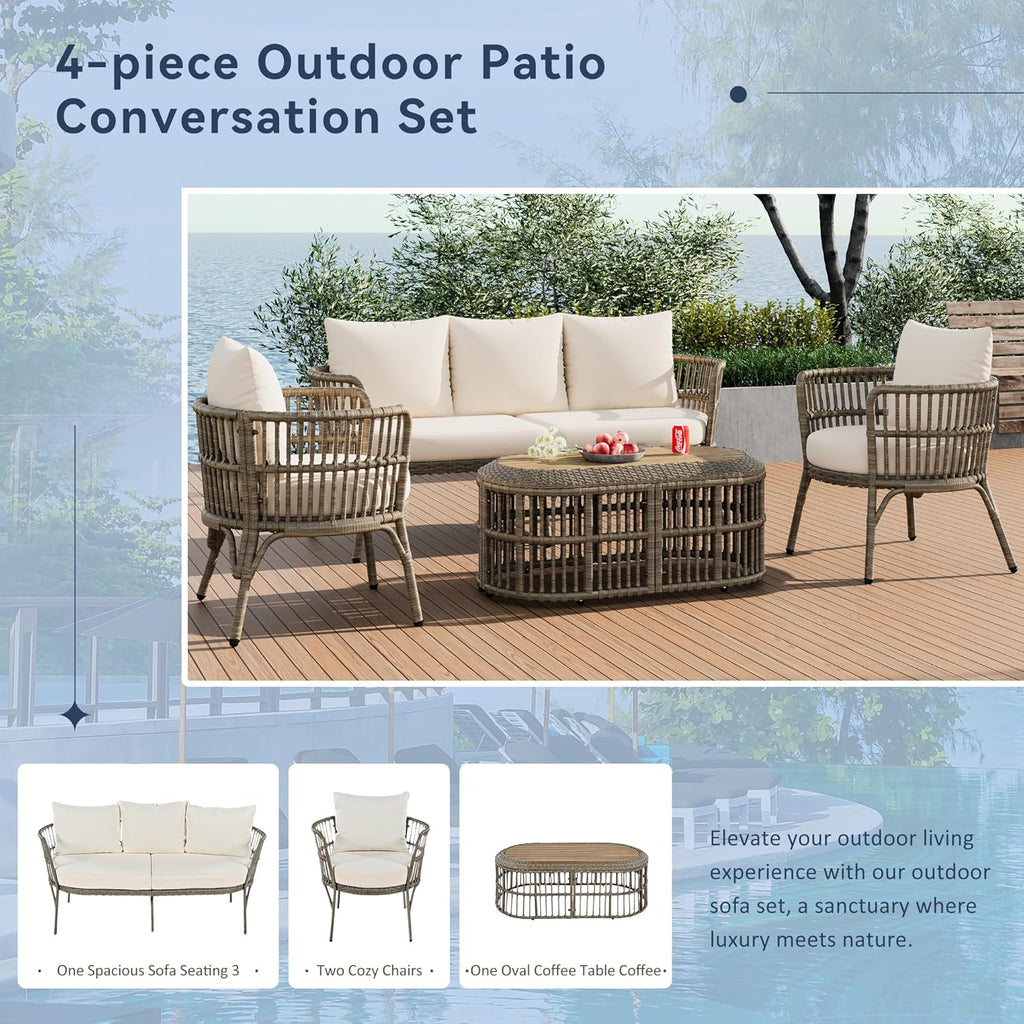 4-Piece Rattan Outdoor Patio Conversation Set with Coffee Table (Brown Grey) R13544