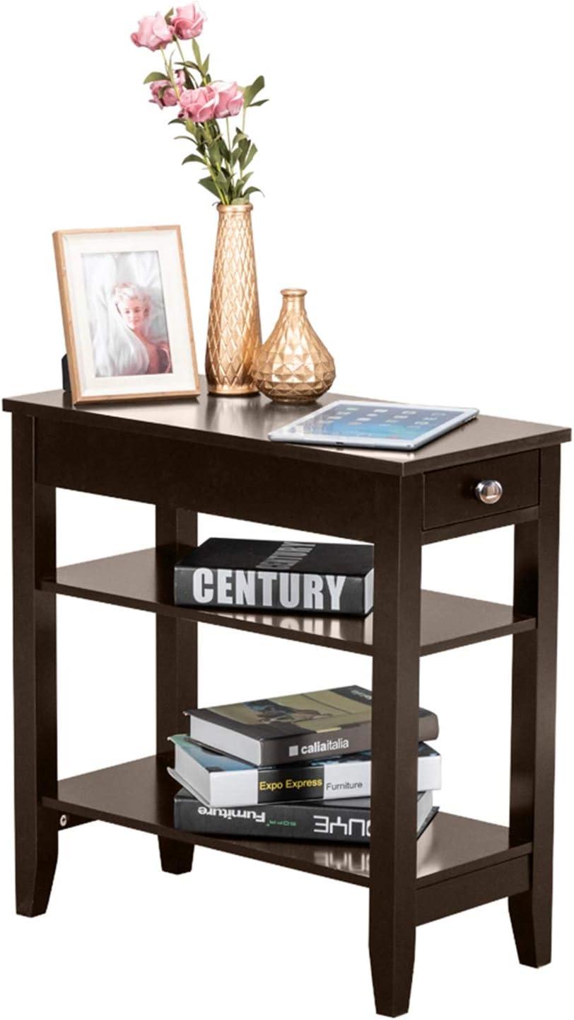 Brown End Table with Drawer, 2-Tier Open Storage Shelves, 11.2" L x 23.62" W x 24" H D5825