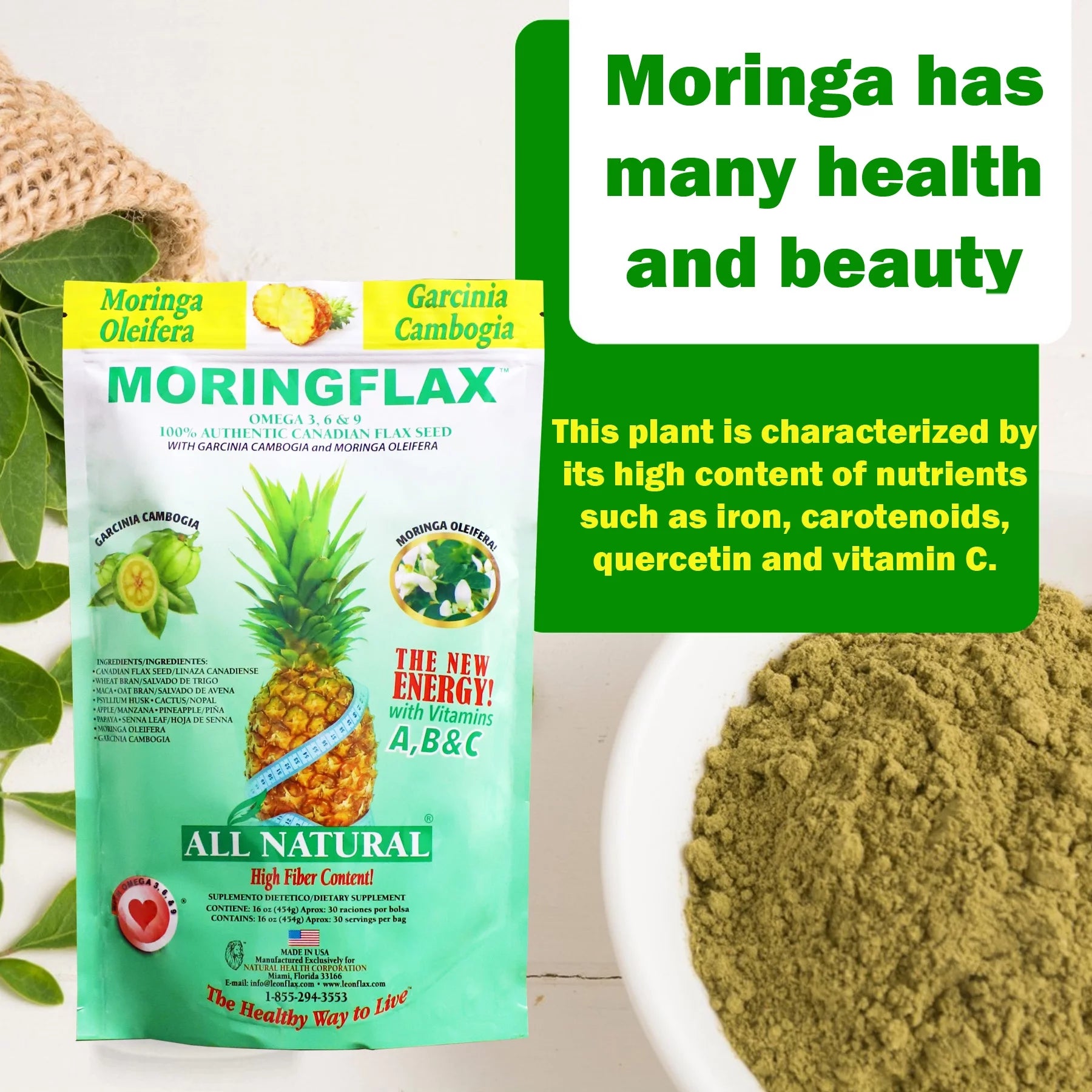 100% Canadian Flax Seed with Garcinia Cambogia & Moringa Oleifera Herbal Supplement, 16 oz J86410