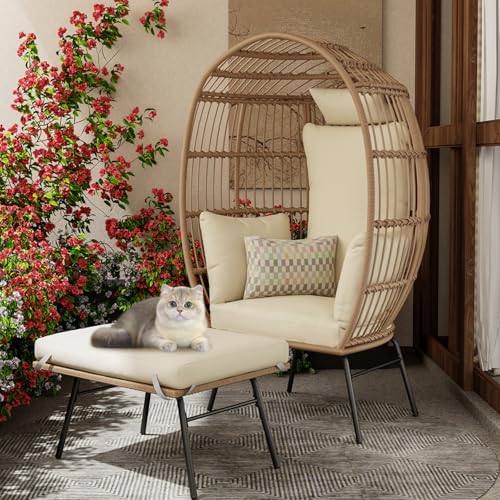 Oversize Grey Wicker Egg Chair with 4 Cushions and Ottoman U6627