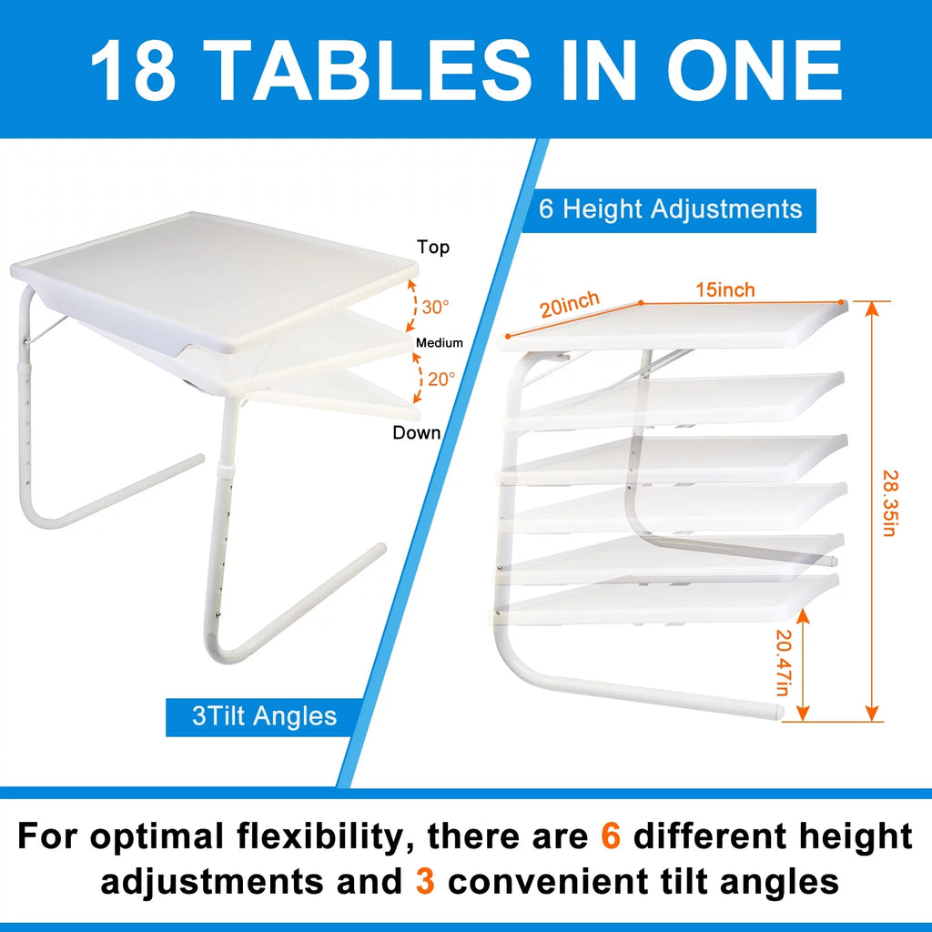 White Folding Snack TV Tray Table, Adjustable Height & Angle Tray, 20" x 15" W15248