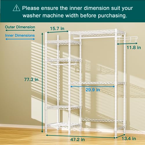 Over The Washer and Dryer Storage with 6 Shelves and 2 Hanger Rods, 47.2”W x 13.4”D x 77.4”H Q86718