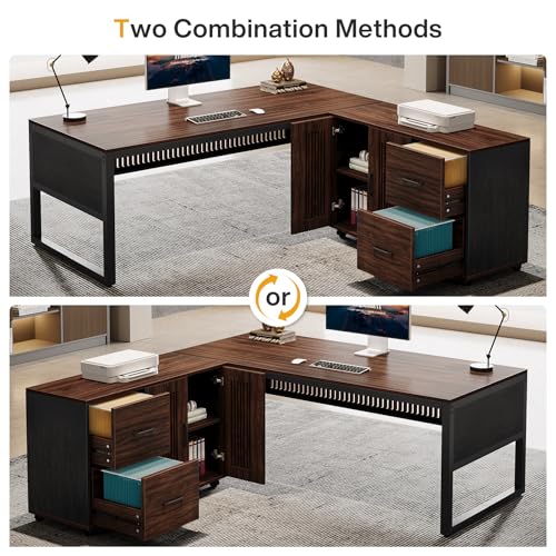 63-Inch L-Shaped Executive Desk with Mobile File Cabinet, Drawers and Storage Shelves, Dark Walnut & Black U47691
