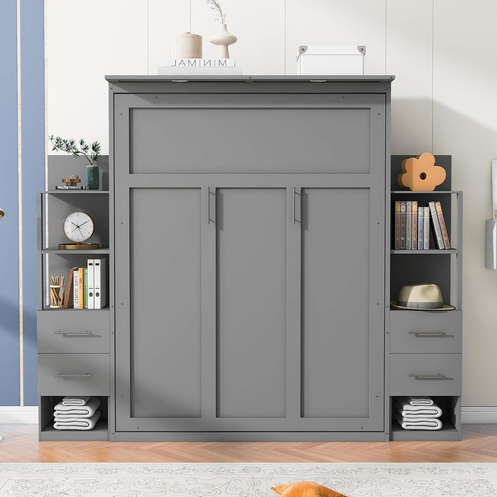 Queen Size Murphy Bed with Double Drawers and Open Storage Shelves, Grey A206