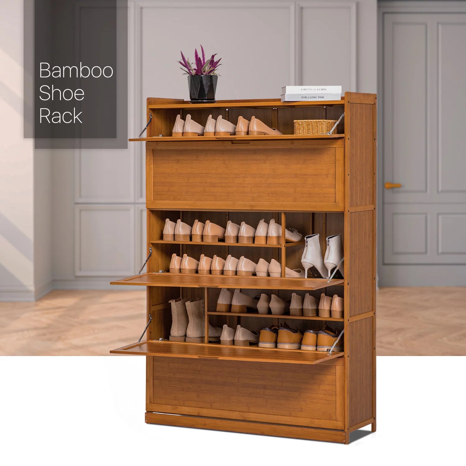 Bamboo 9 Tier Shoe Organizer Cabinet with Door Brown B99362