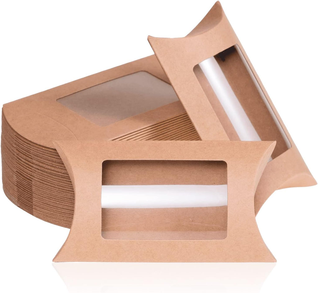 40-Pack Kraft Pillow Gift Boxes with Windows, 5 x 3 x 1.2 inches I395075