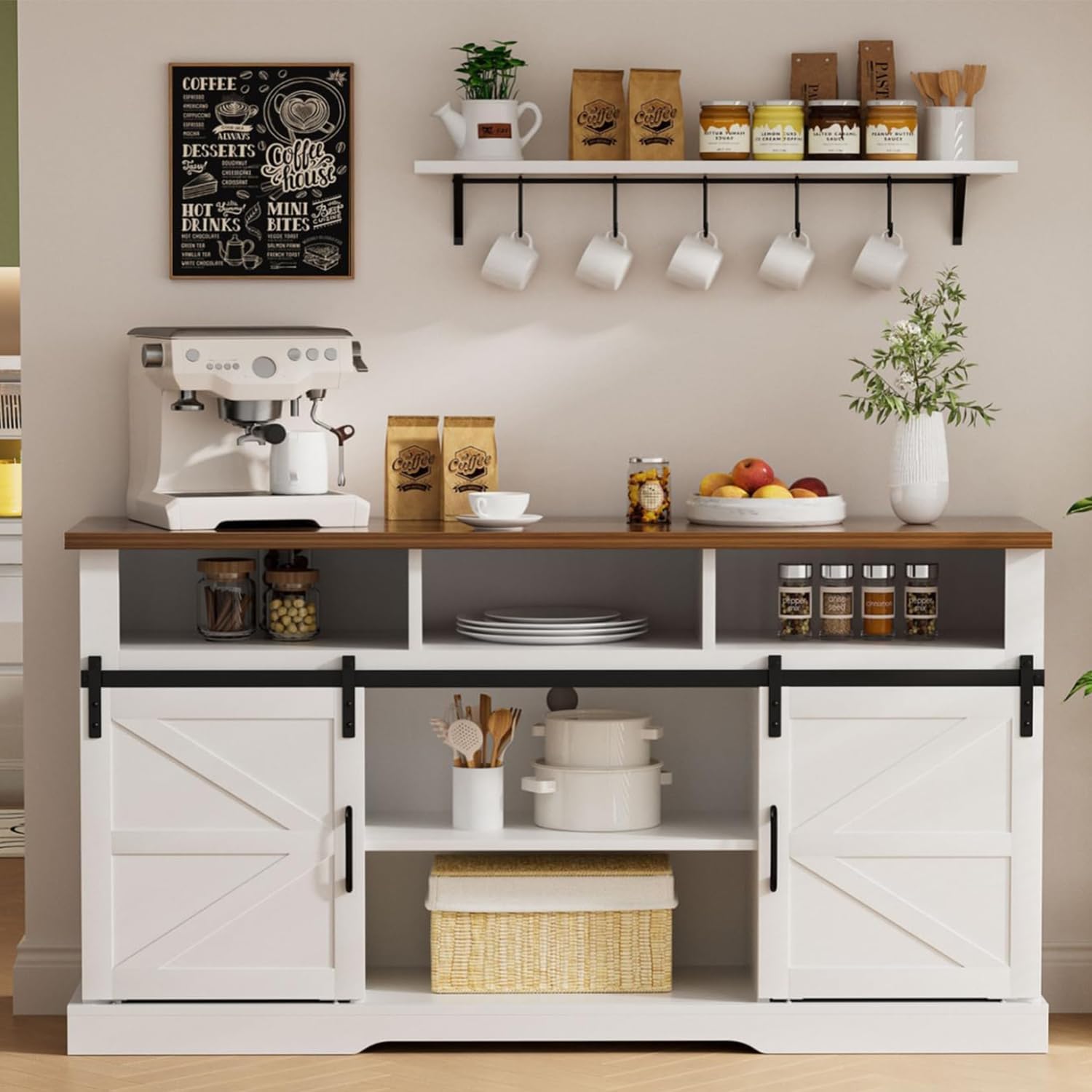 White 58" Coffee Bar Cabinet with Sliding Barn Door and Adjustable Shelf H144