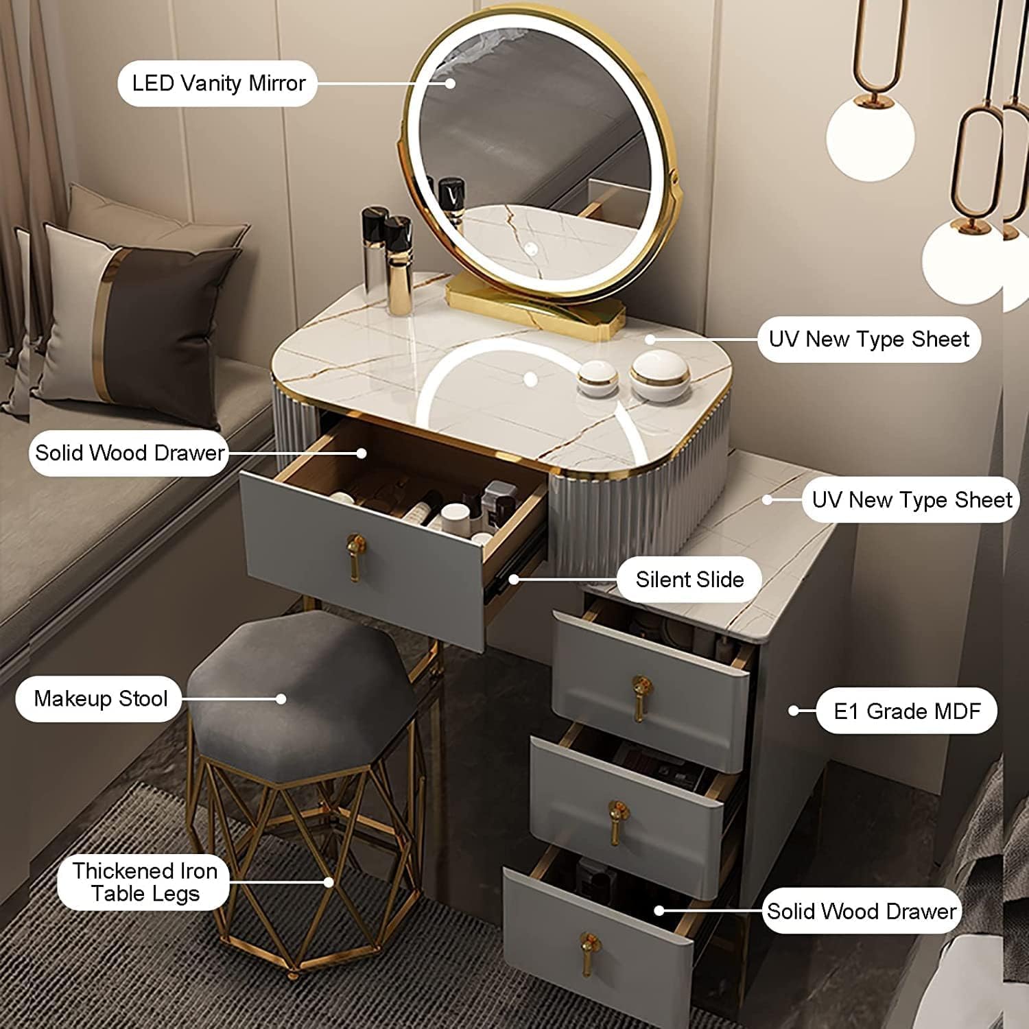 Slate Tabletop Vanity Desk with Lighted Mirror O885529