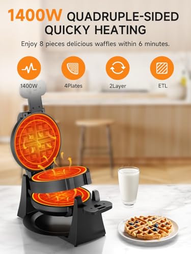 Black 1400W Double Belgian Waffle Iron Nonstick M102181