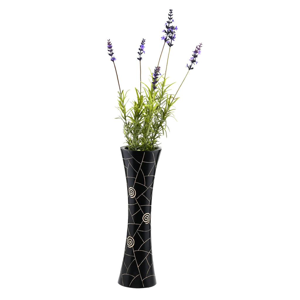 Black Golden Geometric Etch Natural Mango Tree Wood Concaving Vase X160239
