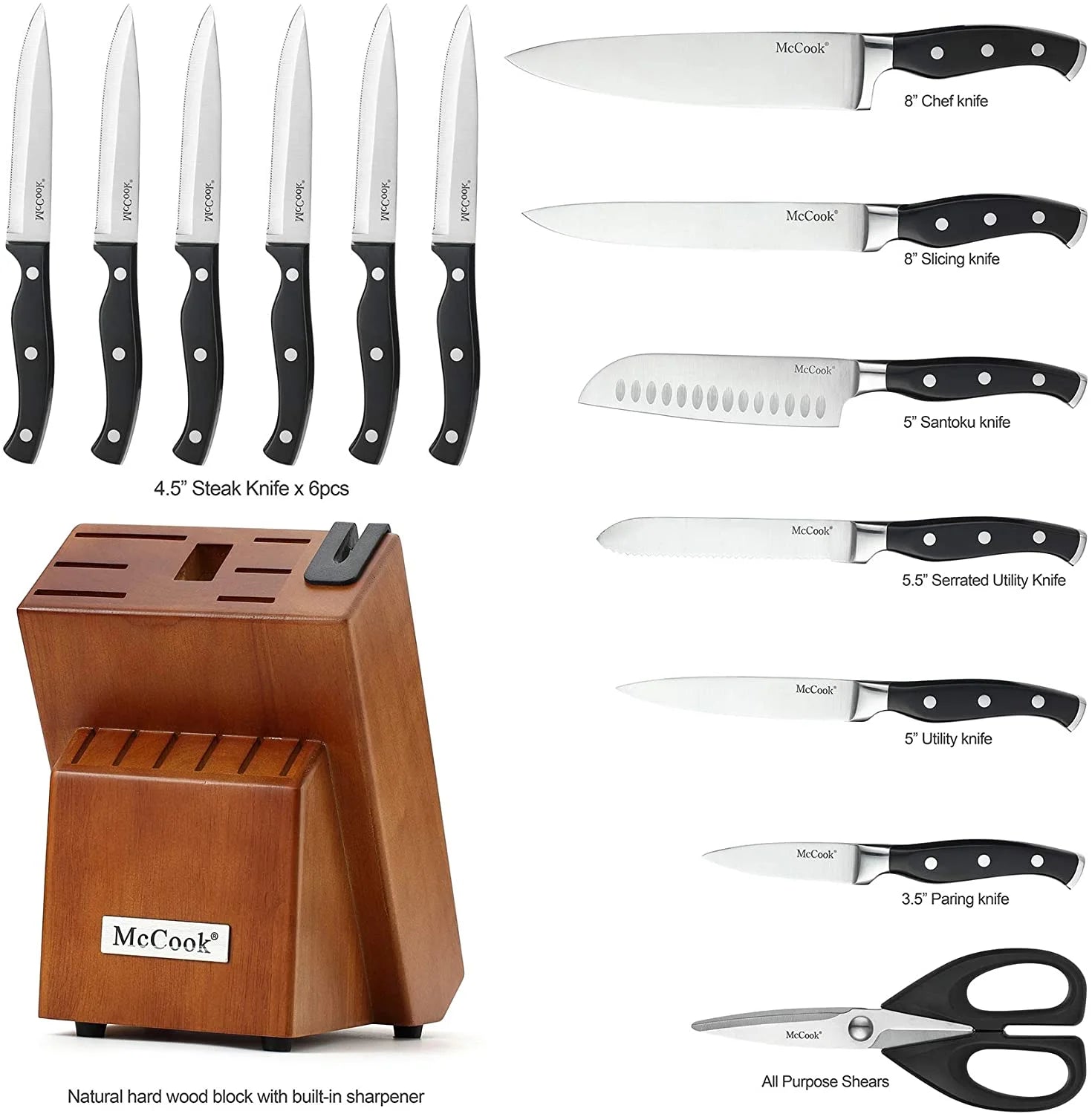 15 Pieces Kitchen Knife Block Set with Built-in Sharpener Q156