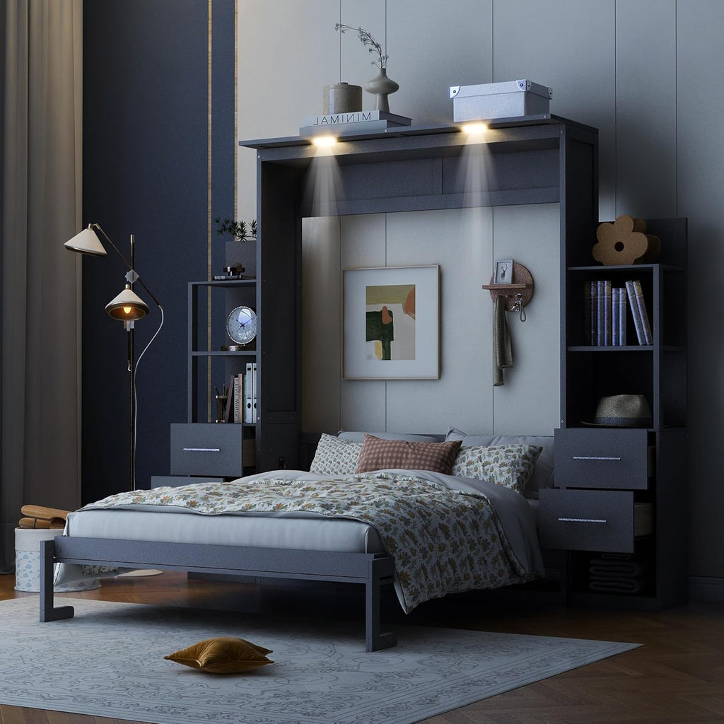 Queen Size Murphy Bed with Double Drawers and Open Storage Shelves, Grey A206