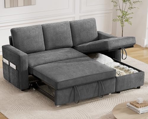 81" Chenille Grey L Shaped Sleeper Sofa with Pull Out Bed J204698