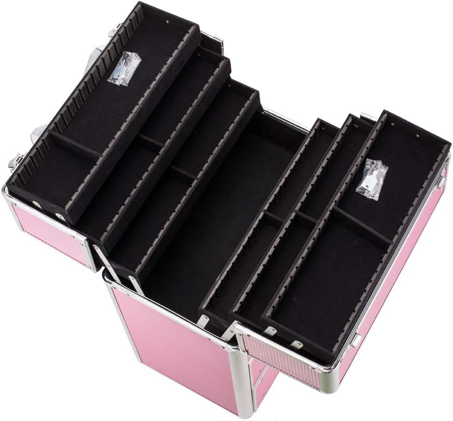 Rolling 4 Tiers Lockable Aluminum Makeup Travel Organizer Cosmetic Case Rose Pink H557