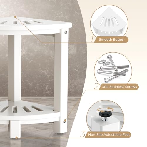 White HDPE Corner Shower Stool with Storage Shelf H29917