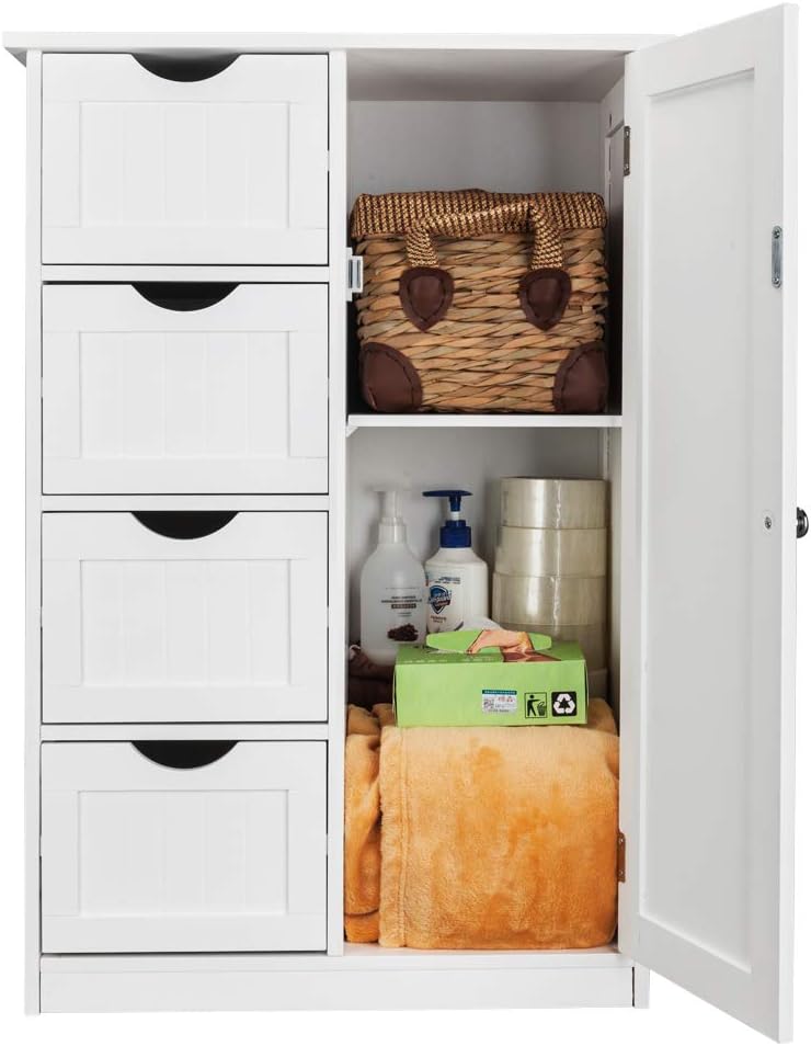 White 4 Drawer Single Door Bathroom Floor Cabinet S57671