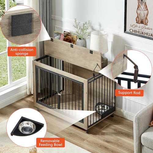 Large Dog Kennel Furniture with 1 Stainless Steel Bowls (43Inch Grey) R206