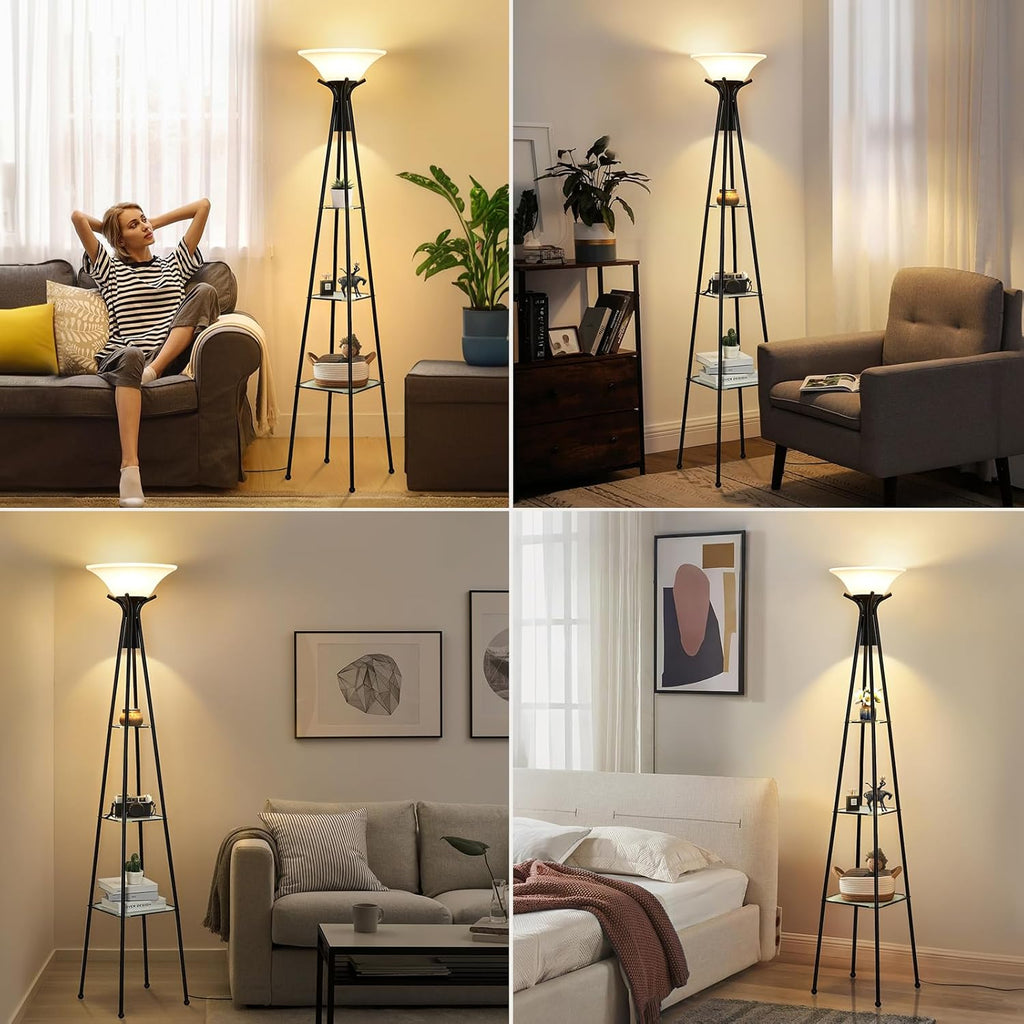 Black 69" Tall 3-Tier Glass Shelf Floor Lamp with 8W Bulb H595