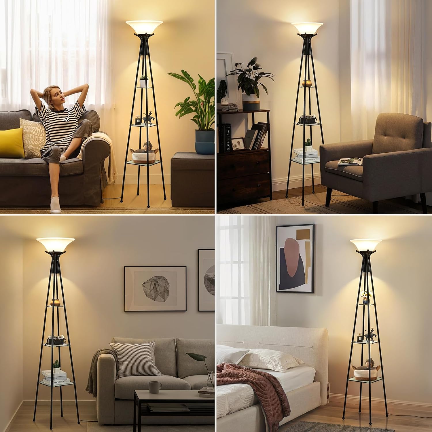 Black 69" Tall 3-Tier Glass Shelf Floor Lamp with 8W Bulb H595
