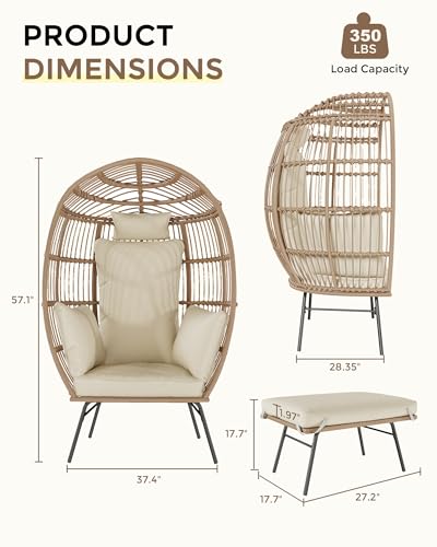 Oversize Grey Wicker Egg Chair with 4 Cushions and Ottoman U6627