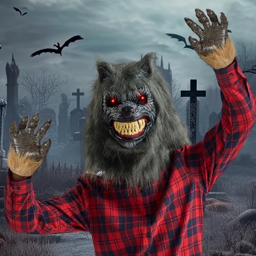 LED Halloween Wolf Werewolf Mask with Movable Jaw L43185