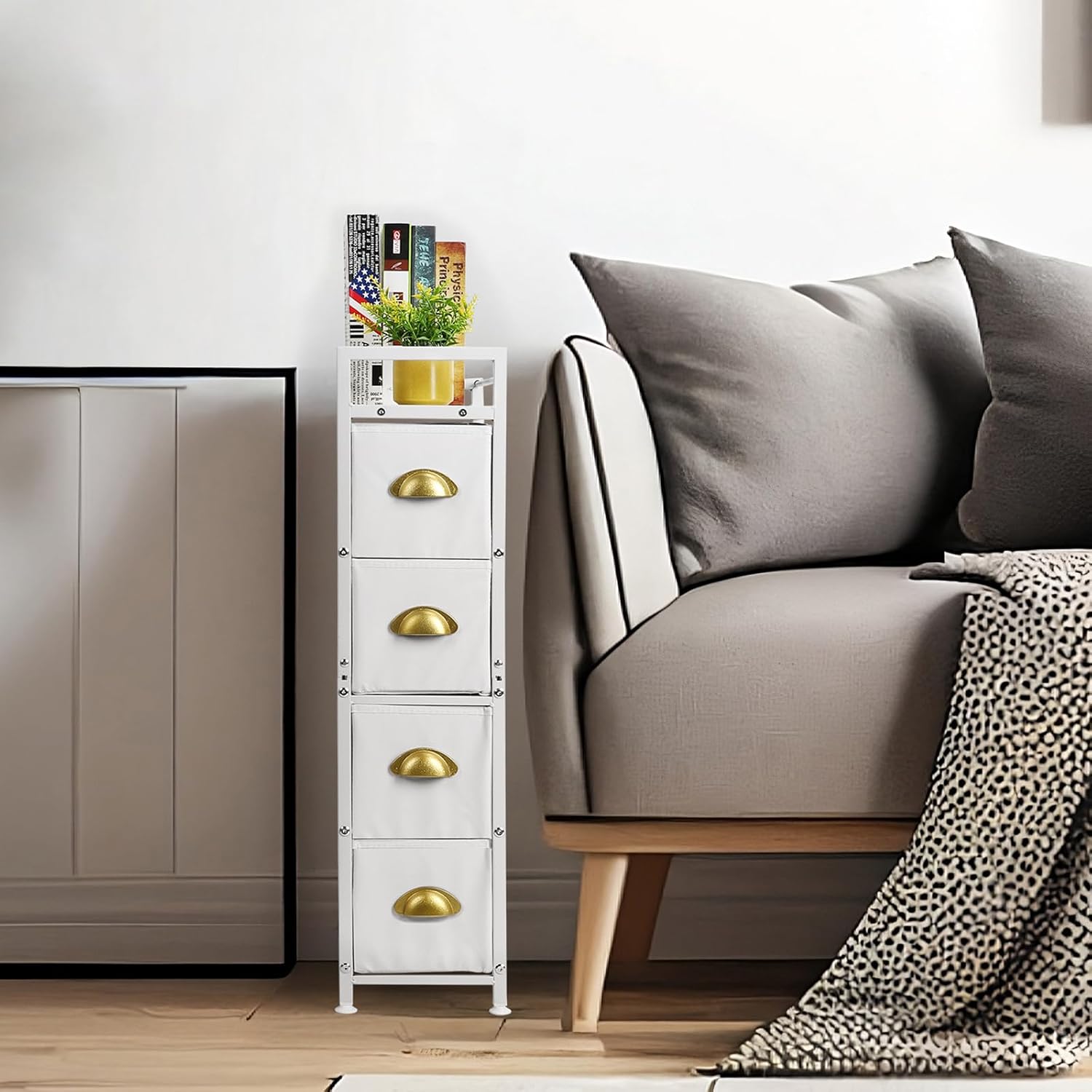Narrow 4 Drawers Fabric Storage Dresser with Wooden top Z2343