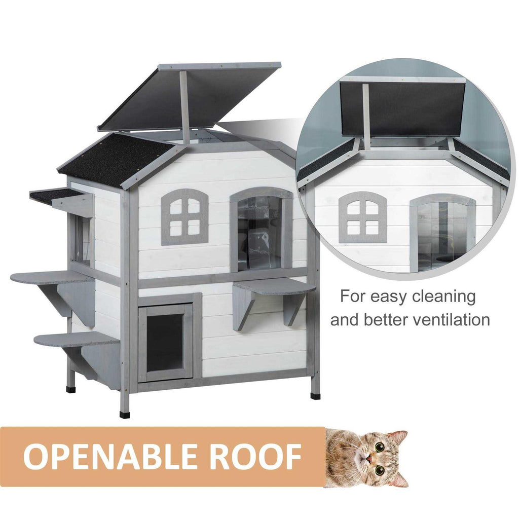 Wooden 2-Story Outdoor Cat House with Escape Door A8395