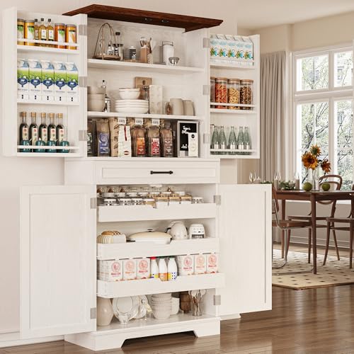 White 72" Tall Freestanding Pantry Cabinet with Sliding Storage Rack and 6 Hanging Shelves C8323