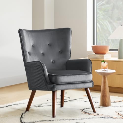 Blue Velvet Accent Chair with Solid Wood Legs H992979