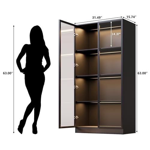 Black 3-Tier Display Cabinet with Glass Doors and Lights B667296