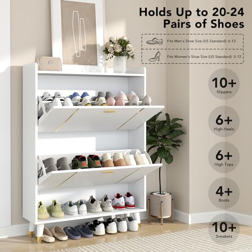 White 3 Flip Drawers Wooden Shoe Cabinet, Holds 28 Pairs G650264