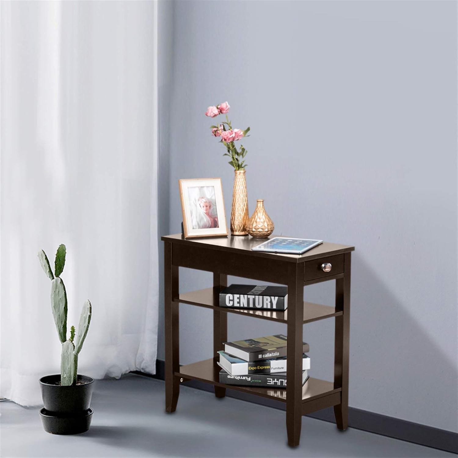 Brown End Table with Drawer, 2-Tier Open Storage Shelves, 11.2" L x 23.62" W x 24" H D5825