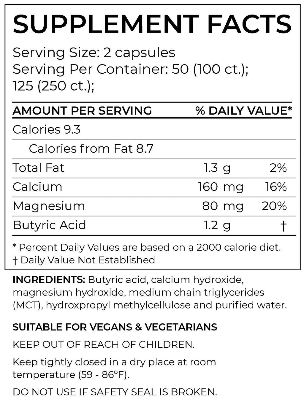 Butyrate Gut Health Supplement 100 Calcium Magnesium Capsules B711