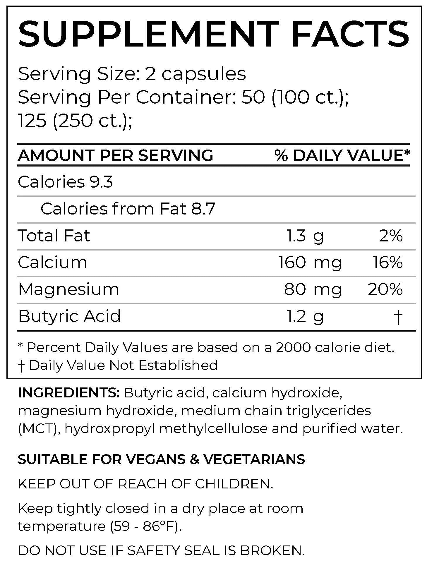 Butyrate Gut Health Supplement 100 Calcium Magnesium Capsules B711