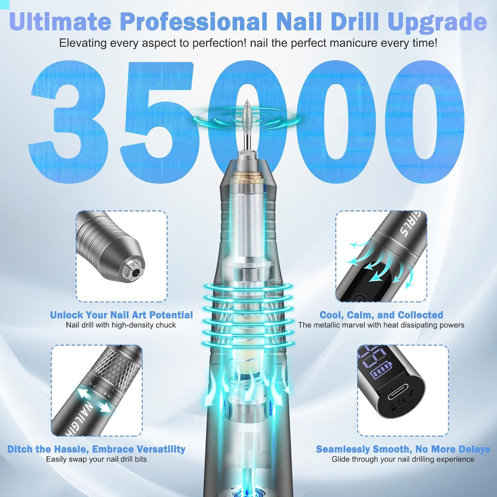 Cordless Electric Nail Drill 35000rpm with Drill Bits Set Gray N261597