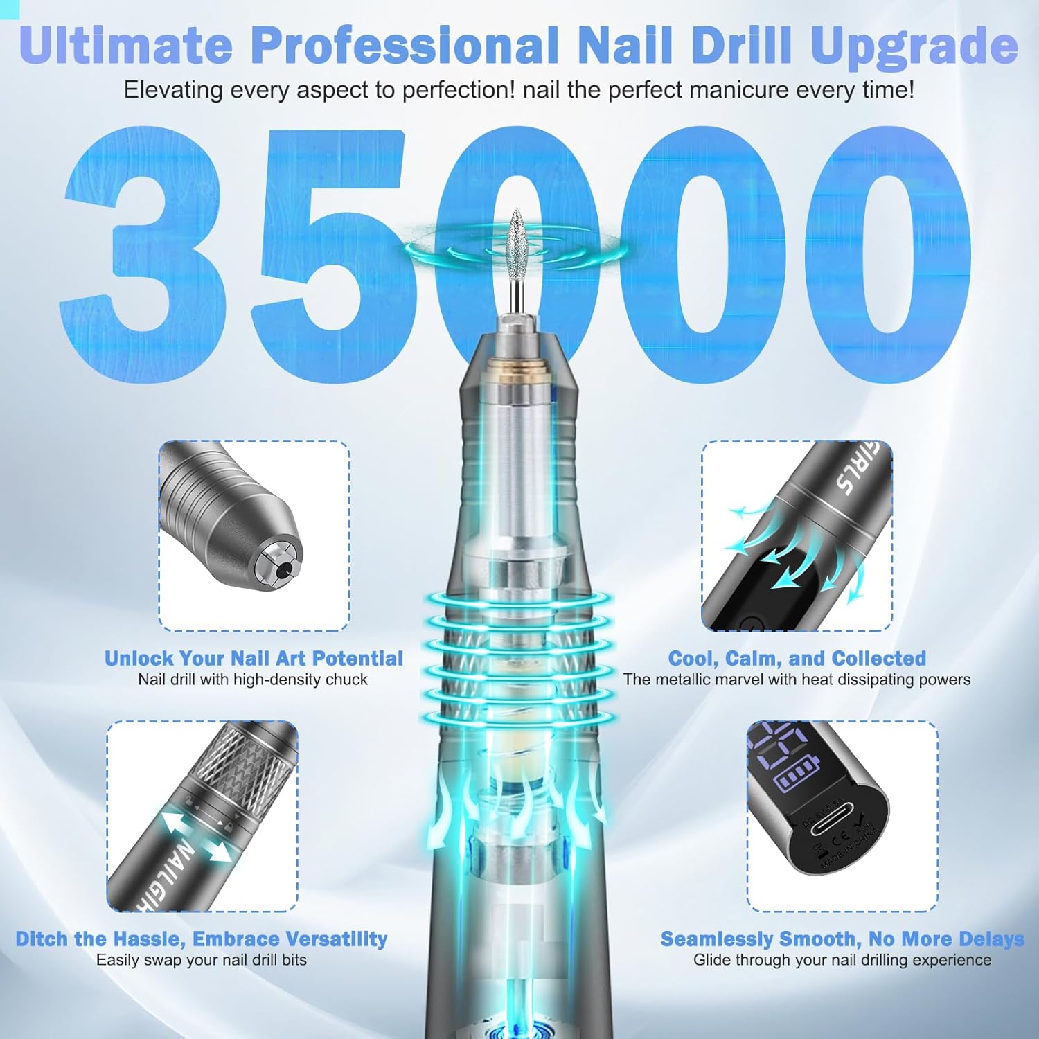 Cordless Electric Nail Drill 35000rpm with Drill Bits Set Gray N261597