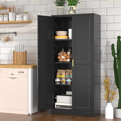 Black 60 Inch Tall Metal Pantry Cabinet with Doors and Shelves P114