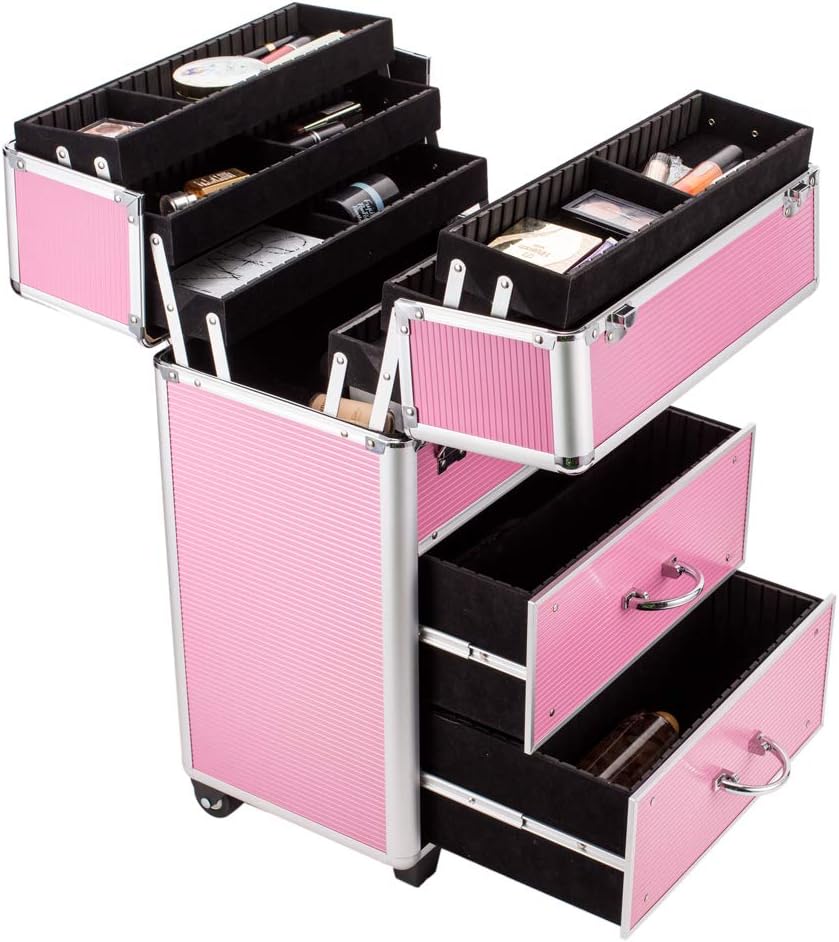 Rolling 4 Tiers Lockable Aluminum Makeup Travel Organizer Cosmetic Case Rose Pink H557