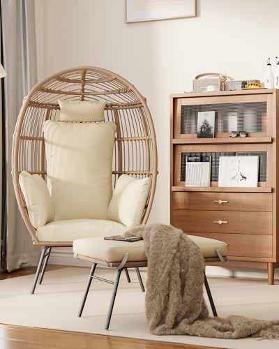 Oversize Grey Wicker Egg Chair with 4 Cushions and Ottoman U6627