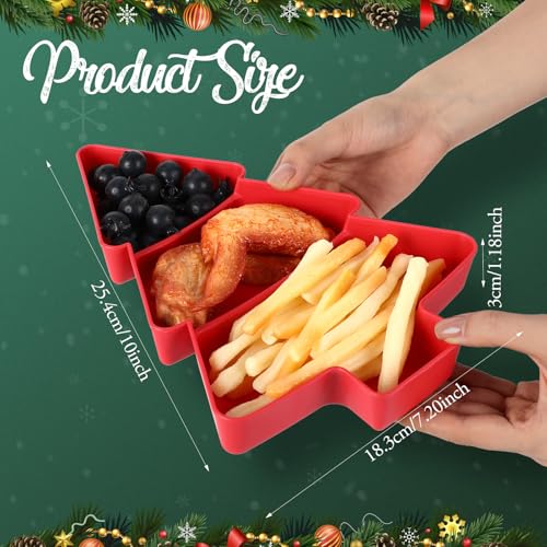 6 Pcs Christmas Tree Shape Serving Tray Platter Red and Green Plastic 3 Grids Dishes with Bag and Ribbon K975416