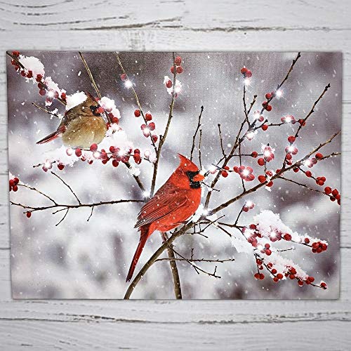 LED Cardinals Canvas Print Lighted Picture with Cardinal Couple and Holiday Berries H521